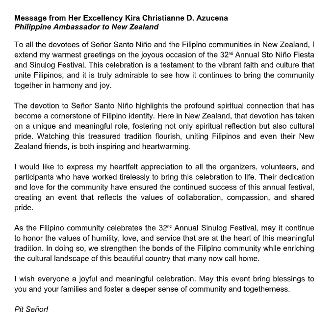 Message from her Excellency Kira Christianne Azucena (Philippine Ambassador to New Zealand)